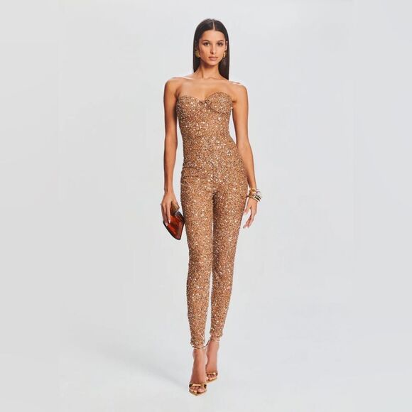 NWT Retrofête Elodie Sequin Embellished Jumpsuit in Tannin Size XS - Picture 1 of 12